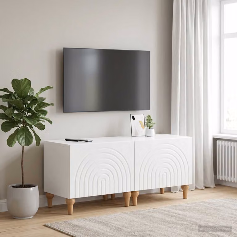 Mobile TV moderno vidaXL in legno MDF bianco lucido con scomparti multimediali L: 98 cm, P: 35 cm, H: 43 cm