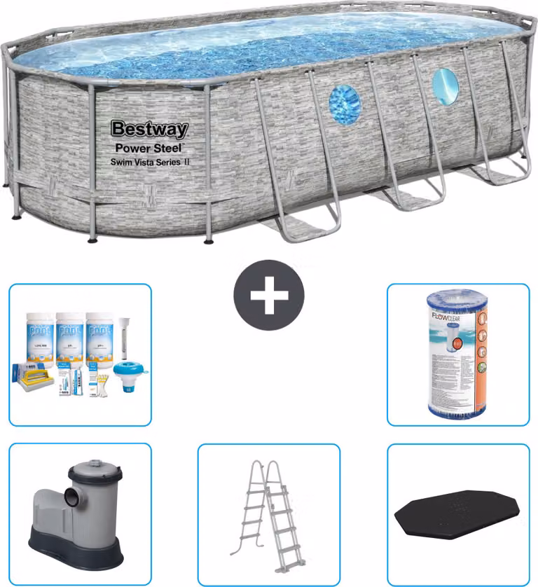Piscina Bestway Oval Power Steel Swim Vista - stampa su pietra - 549 x 274 x 122 - inclusa pompa - scala - copertura pacchetto manutenzione - filtro
