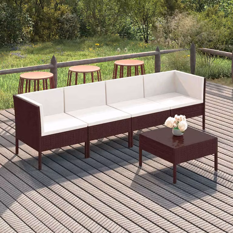 Set Divani da Giardino vidaXL 5 Pezzi con Cuscini, Design Moderno a L in Polyrattan Marrone e Bianco con Struttura in Acciaio Verniciato a Polvere
