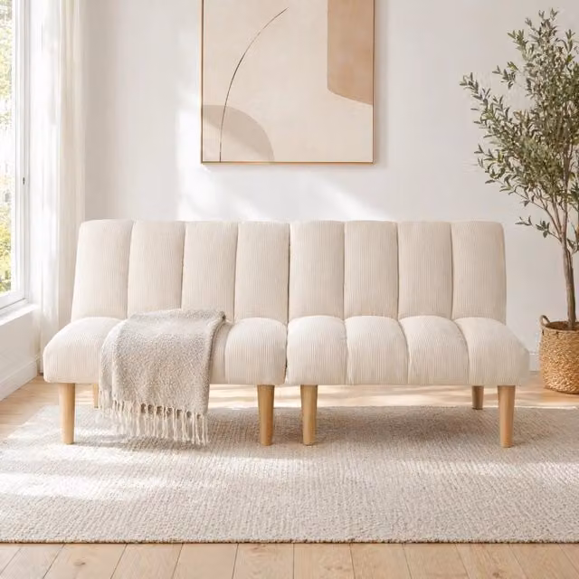 Divano letto 2 posti 167 cm beige, schienale a 3 posizioni, velluto a coste