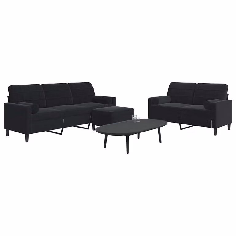 Set di divani 3 pezzi vidaXL in velluto nero con pouf e cuscini, design moderno con struttura in metallo per il tuo soggiorno