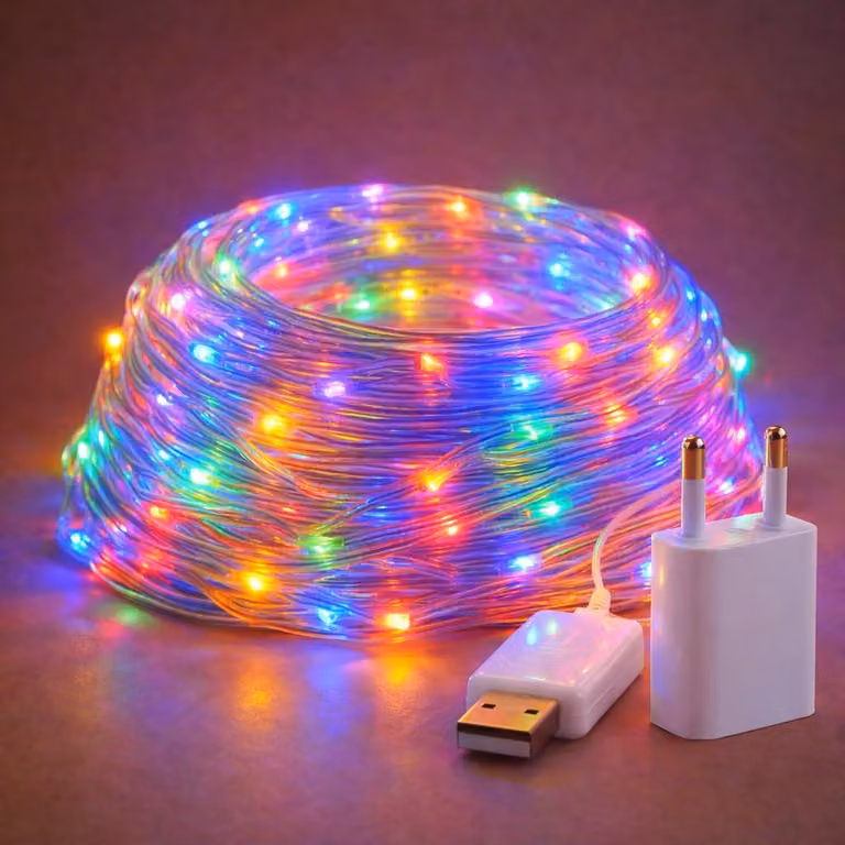 Catena luminosa a LED, 15 metri, RGB, grado di protezione IP65, alimentazione USB, per uso esterno