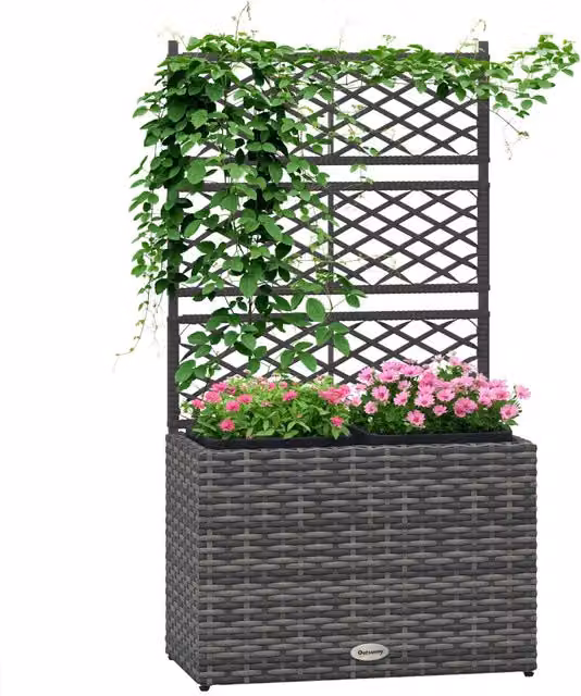 Fioriera con grigliato Xylo con 3 vasche da 22L in resina intrecciata e acciaio galvanizzato, Grigio, H 107 cm x L 57 cm x P 30 cm