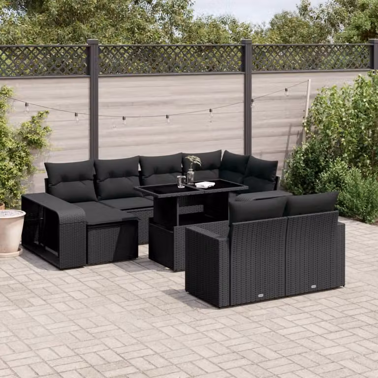 vidaXL Set Divani da Giardino 11 pz in Polyrattan Nero con Cuscini e Tavolino da Esterno