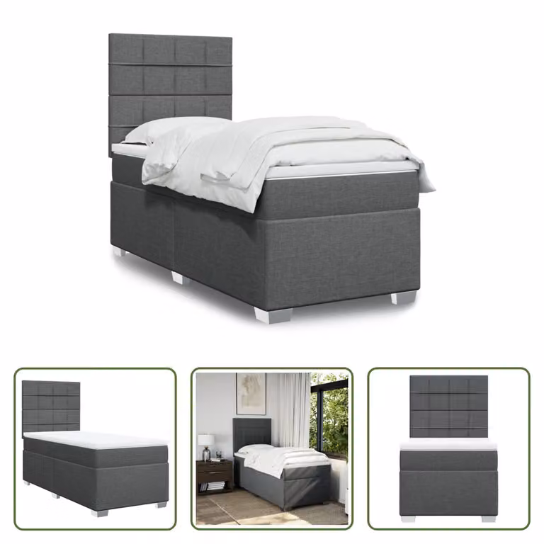 The Living Store Letto a molle con materasso grigio scuro 100x200 cm in tessuto
