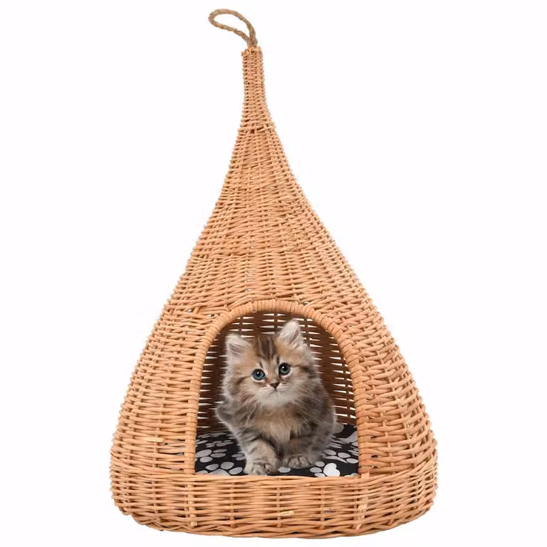 vidaXL Cesta per Gatti Teepee in Salice Naturale con Cuscino Rimovibile L: 60 cm, P: 40 cm