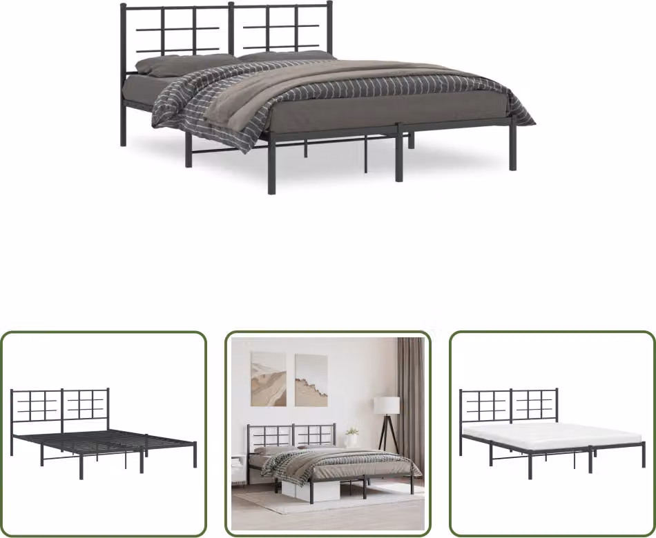 The Living Store Struttura letto con testiera in metallo nero 150x200 cm