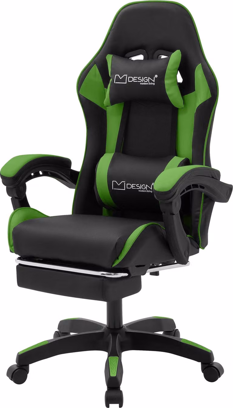 ML-Design sedia da gioco con poggiapiedi, Pelle finta nero-verde, sedia da ufficio ergonomica con bracciolo poggiatesta cuscino lombare, sedia girevole regolabile