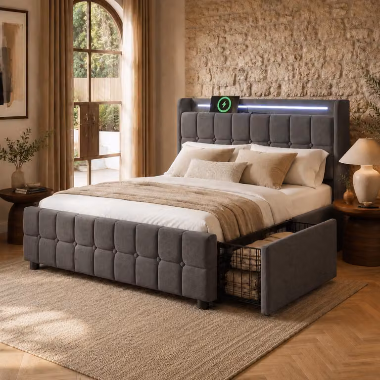 Letto imbottito Flieks 140x200cm con USB e prese, letto per ragazzi letto matrimoniale con 4 cassetti, letto contenitore letto in legno massiccio con LED e rete a doghe, lino, grigio