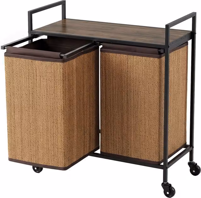 HOMCOM Cesto biancheria in bambù 120L a 2 vani con ripiano, sacco estraibile e ruote, 73x33x78 cm, Marrone   Aosom Italy