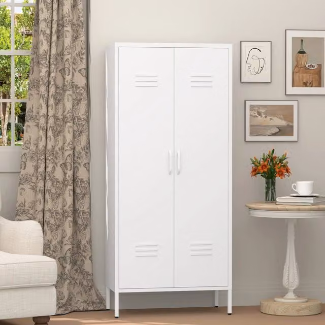 Armadio Minimal con 2 ante in metallo bianco e ripiani regolabili H: 160 cm, L: 70 cm, P: 35 cm