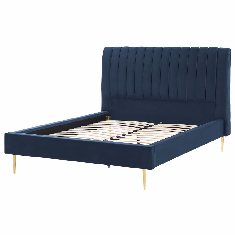 Letto imbottito Beliani in velluto blu scuro e oro con rete a doghe e testata alta, design moderno, L/P/H: 140 x 200 x 124 cm – 2