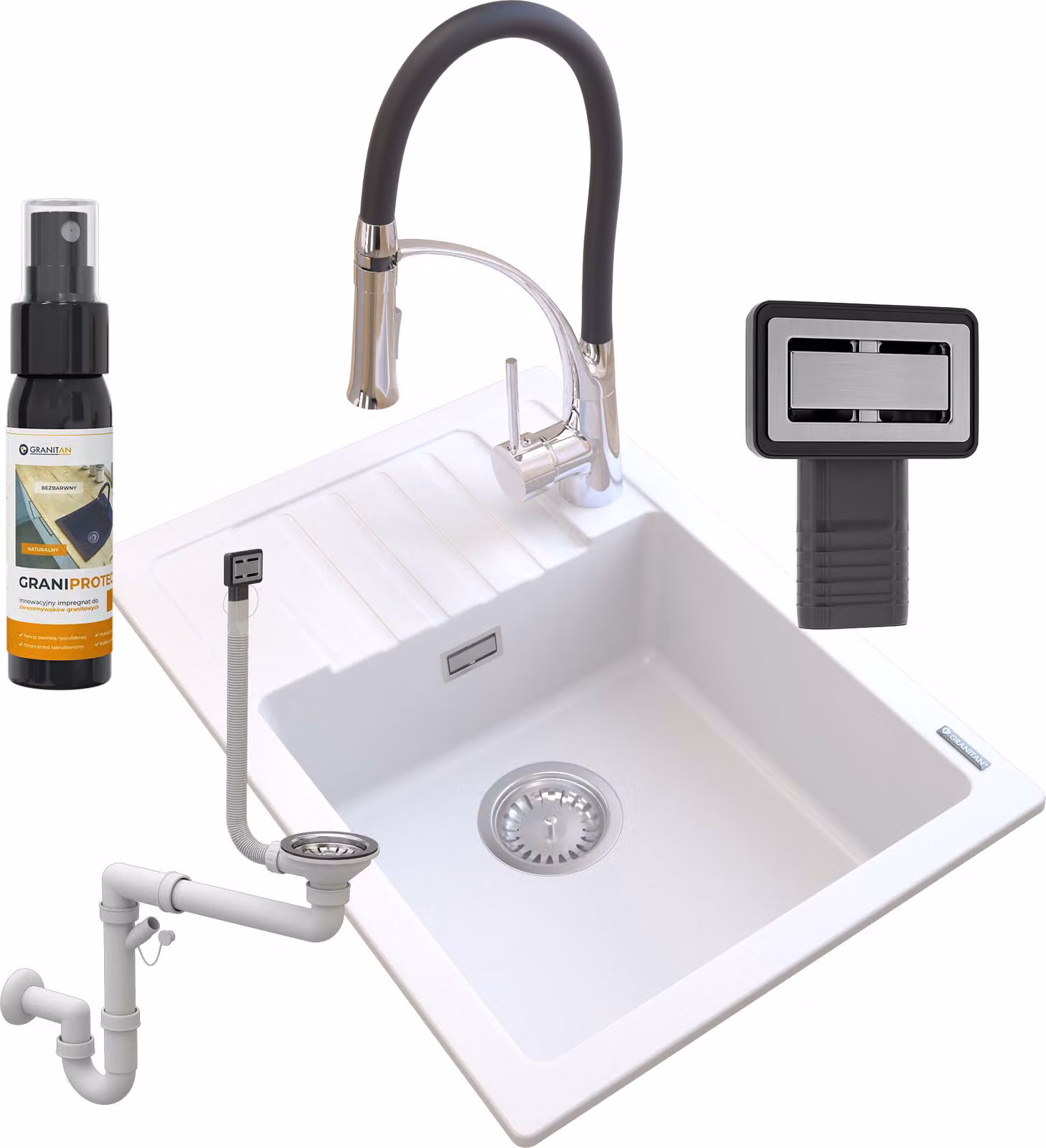 Granitan - Lavello in granito - Lavello da cucina - 62x44x18 cm - Bianco - con rubinetteria NEXO, sifone e trattamento impermeabilizzante