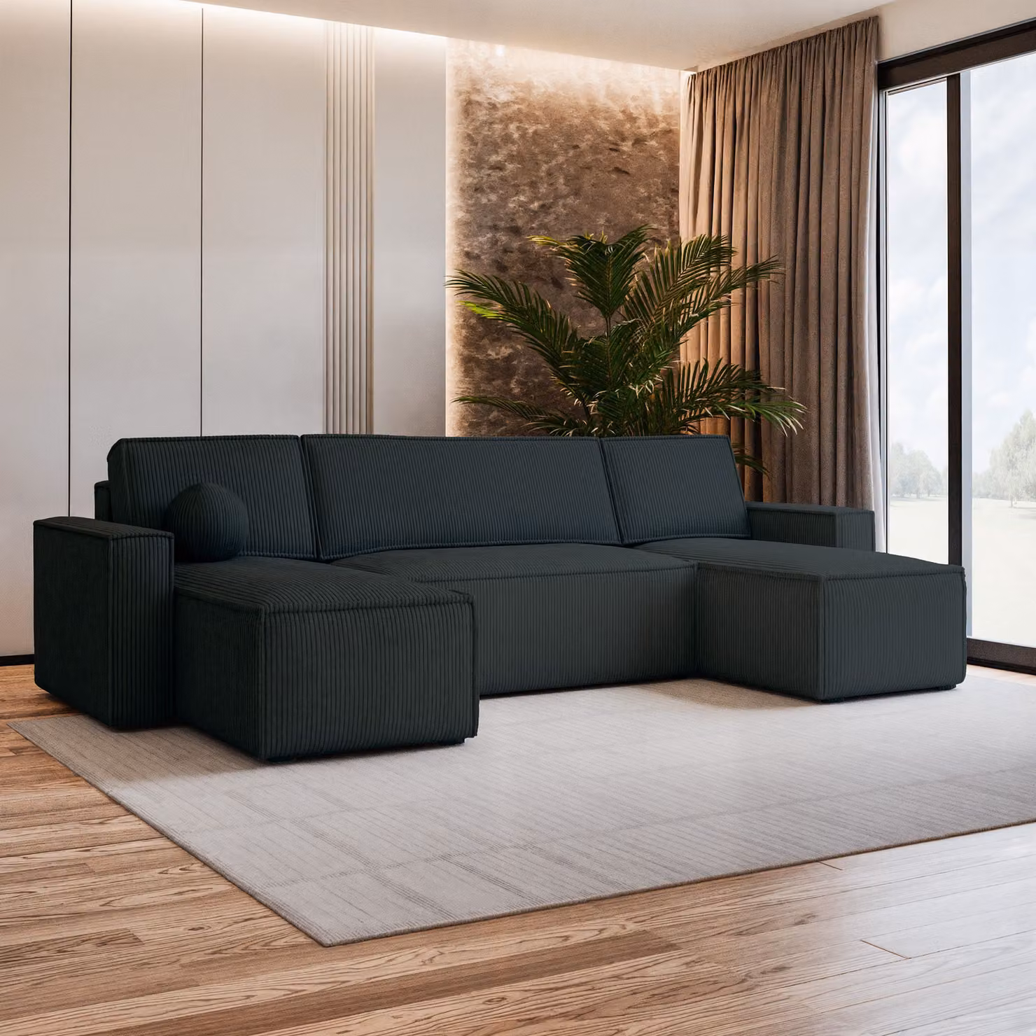 Divano angolare Masseno PESANO P con funzione letto a U, divano con box letto, divano da salotto, divano, divano, divano letto, set di divani - nero, POSO 135