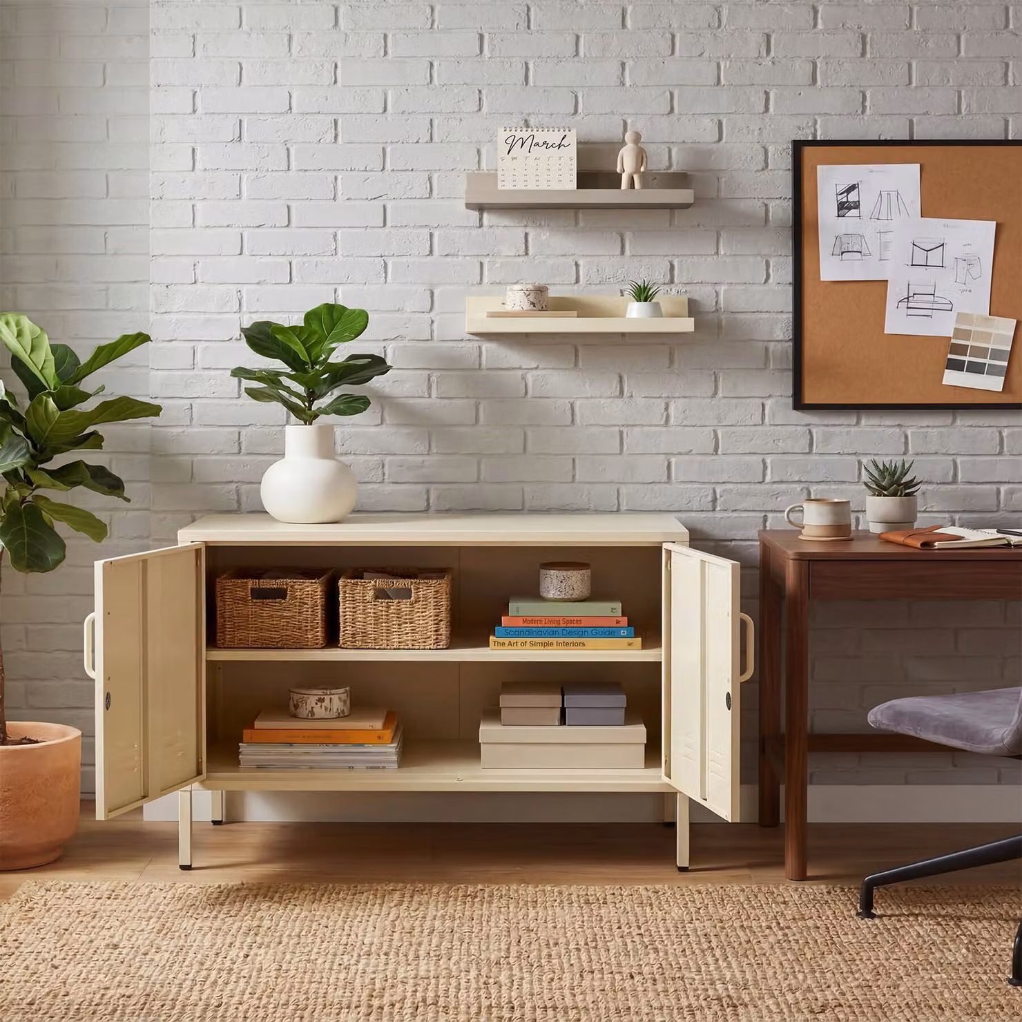Credenza moderna tectake in metallo e plastica, colore beige, L: 100 cm, P: 42,5 cm, H: 65 cm – 2