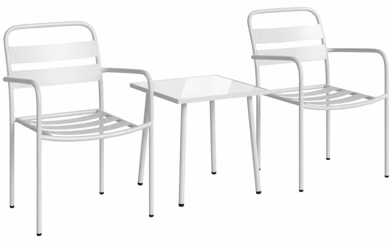 Set da bistrot composto da 3 elementi: 2 sedie e un tavolo in vetro. Colore: bianco. Dimensioni: 55x58x82 cm