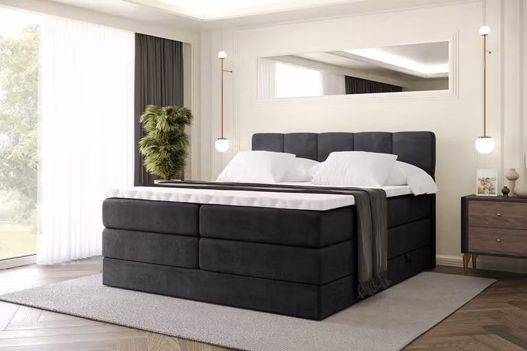 Letto boxspring ALTDECOR con materasso e rete a doghe, topper, letto imbottito con contenitore, letto con vano portaoggetti, materassi H3 e H4, letto matrimoniale, letto boxspring -LIRO KING- 180x200 - Nero Casablanca