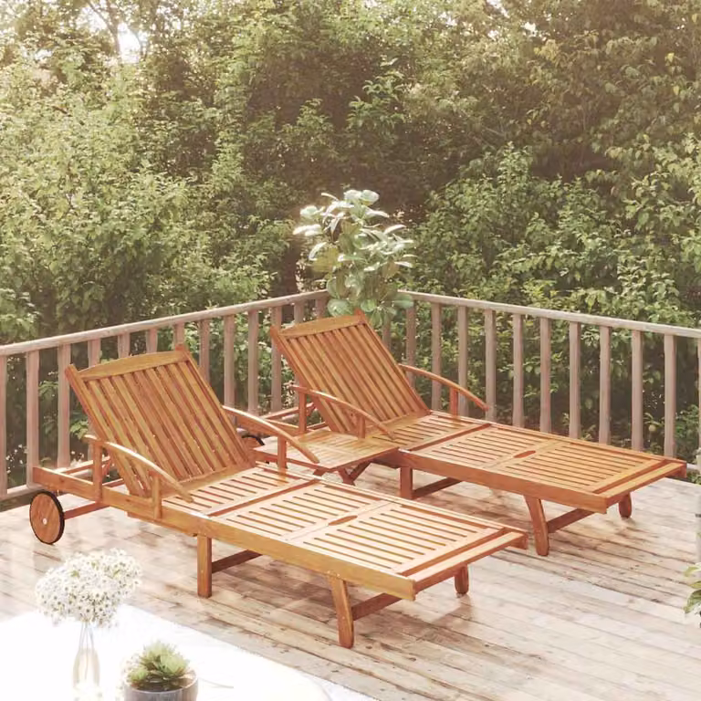 Set di 2 pezzi lettini prendisole con tavolo vidaXL in legno di acacia oliato marrone per giardino e terrazza