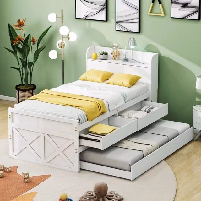 Letto singolo WISHDOR in legno massiccio bianco con letto estraibile, 2 cassetti e comodino con vano e porta USB, L/P/H: 90 x 190 x 105 cm