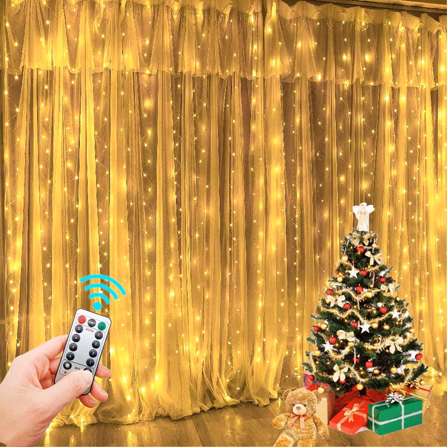 Tenda luminosa a LED, 3 metri x 3 metri, luce bianco caldo, alimentazione USB, con telecomando, 300 LED