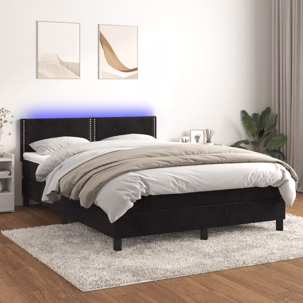 The Living Store Letto a molle con materasso e LED nero 140x200 cm in velluto