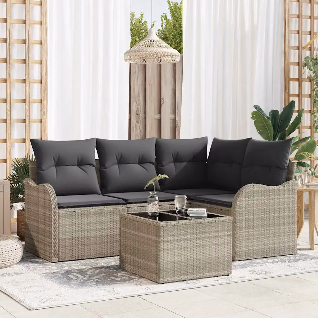 Set Divano da Giardino a L vidaXL in Polyrattan Grigio con 5 Pezzi e Cuscini Inclusi – 1