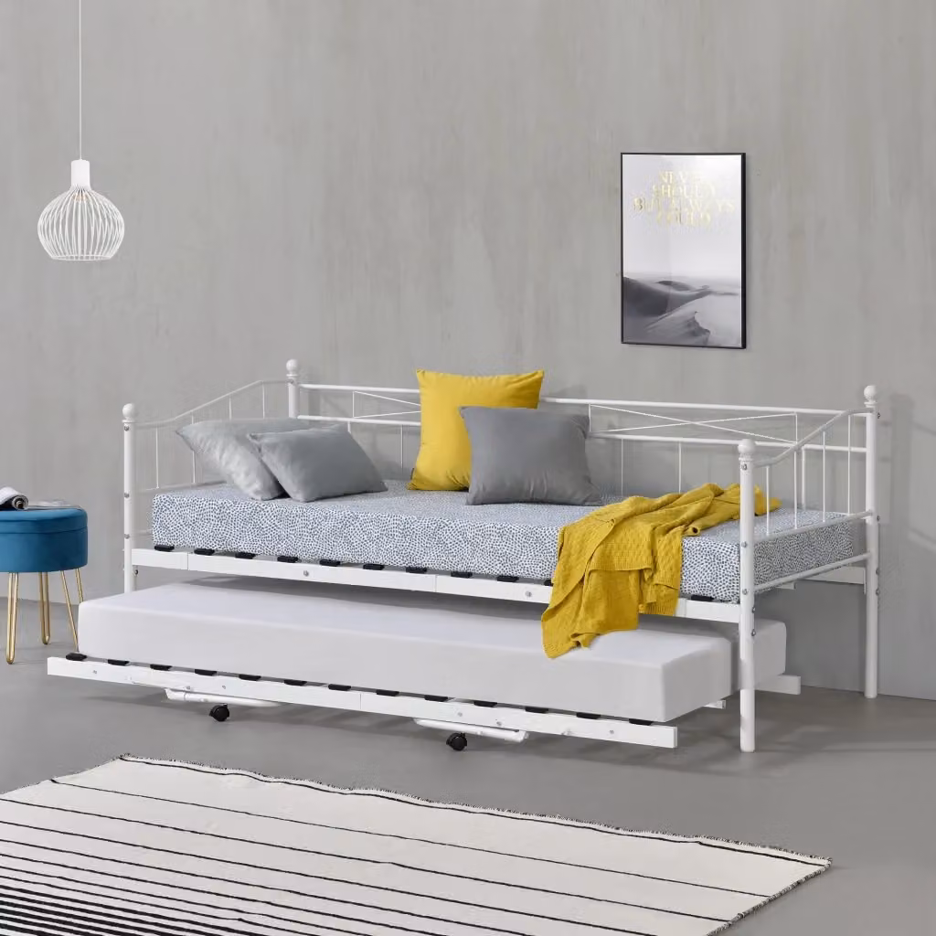 Divano letto Skutskär en.casa in tessuto bianco con struttura in metallo e cassetto estraibile 90x200 cm – 2