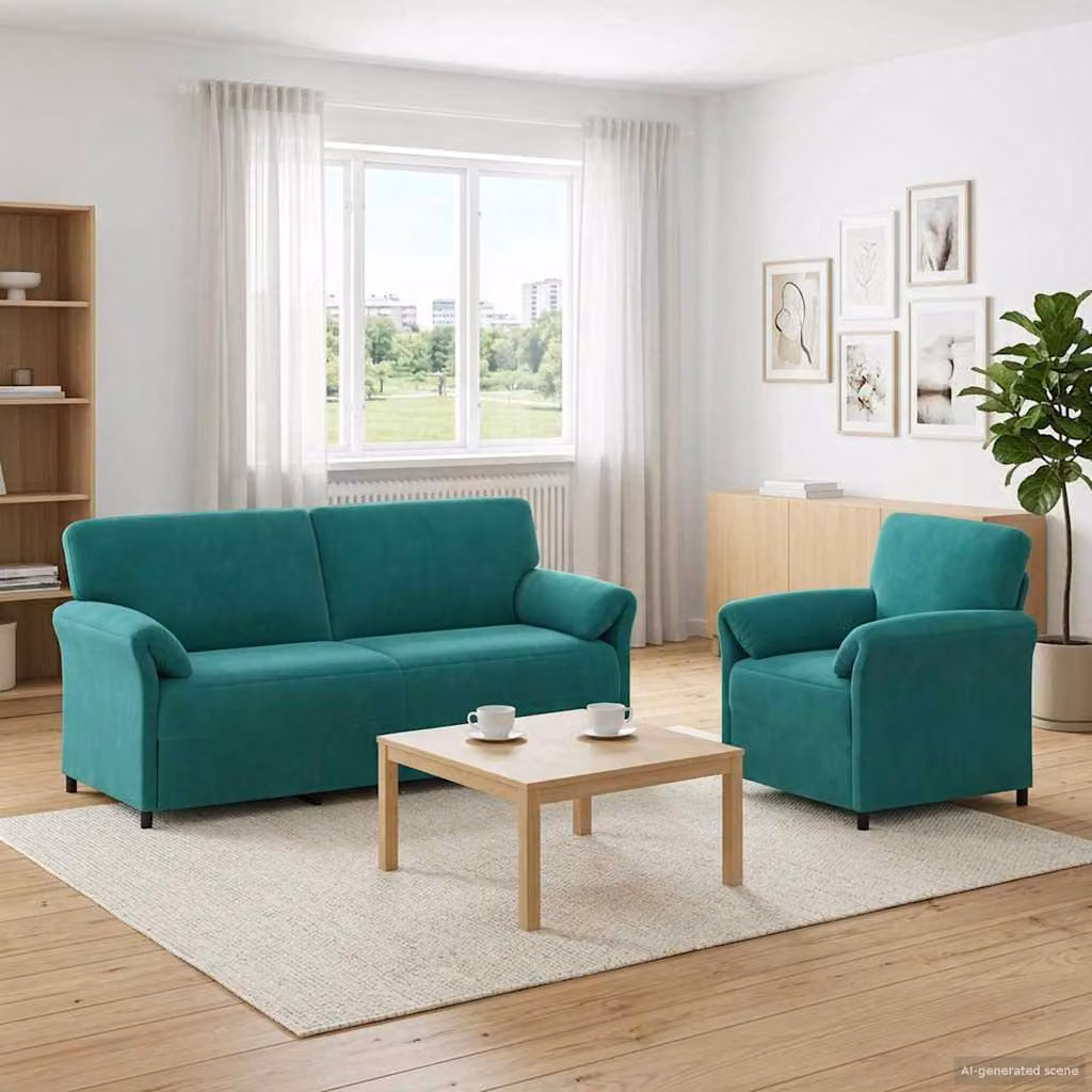 Set di 2 divani moderni vidaXL in velluto turchese con struttura in metallo e cuscini inclusi