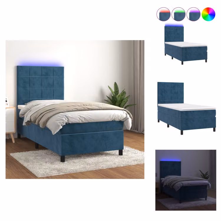 vidaXL Letto a molle con materasso e LED in velluto blu scuro 100x200 cm - Letti & strutture letto