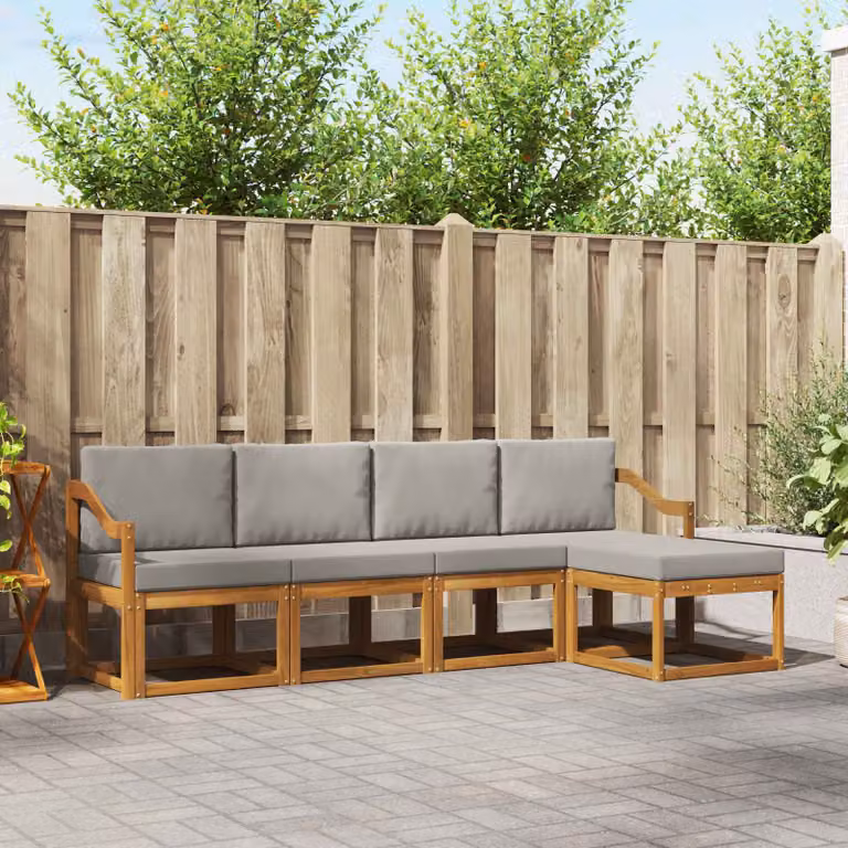 vidaXL Set di divani da esterno a L in legno di acacia con pouf e cuscini, Grigio e Marrone