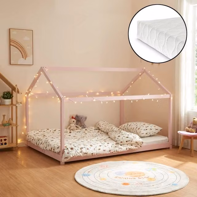 Letto per Cameretta Cerro a Forma di Casetta con Materasso 120 x 200 cm Rosa [en.casa]