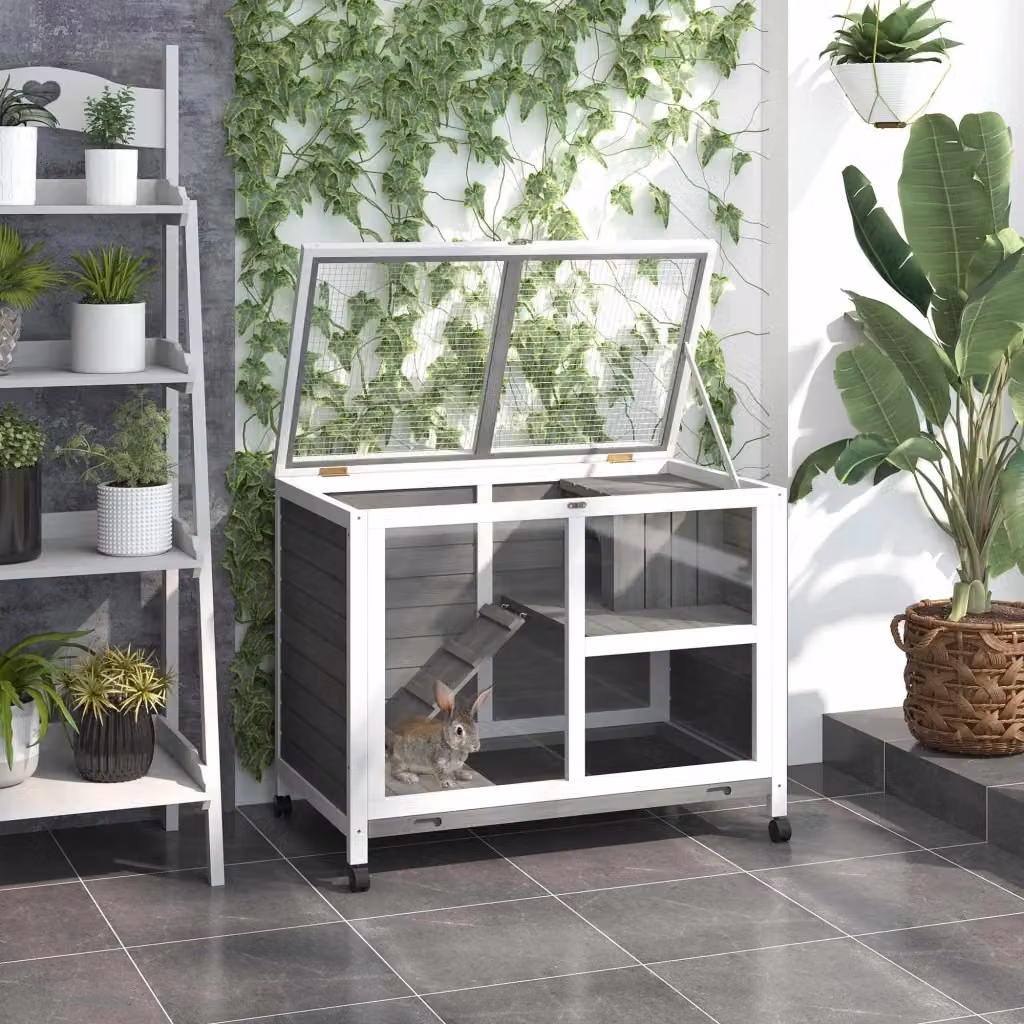 Conigliera da esterno GIORDANOSHOP a 2 livelli in legno di abete grigio L: 91,5 cm, P: 53,3 cm, H: 73 cm – 2