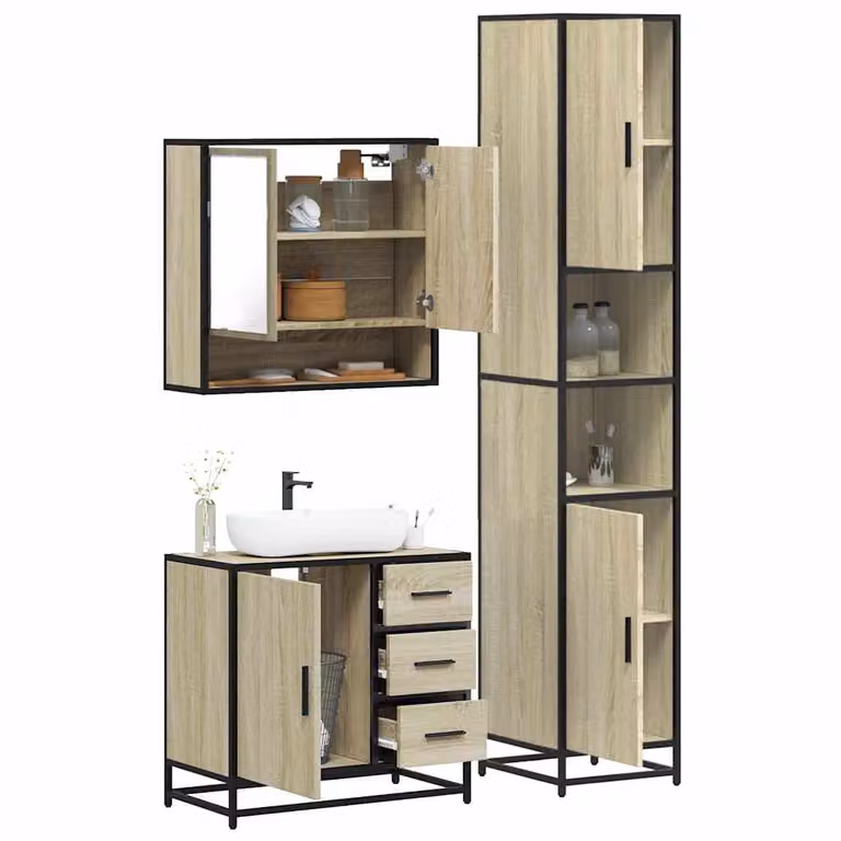 Set di mobili da bagno industrial vidaXL in legno e metallo, 3 pezzi, colore marrone e beige, con armadietto con specchio e mobile lavabo, L/P/H: 60 x 33 x 65 cm