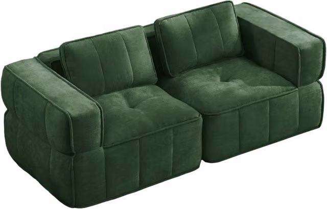 Sofà modulare verde a due posti in poliestere con schiuma ad alta densità 32D, seduta profonda, senza struttura, dimensioni 198x93x67 cm