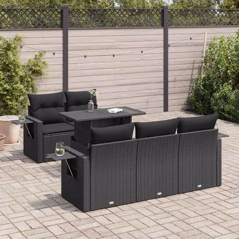 Set Divano da Giardino vidaXL 6 pz in Polyrattan Nero con Cuscini