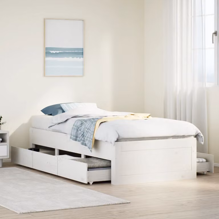 vidaXL Giroletto in legno di pino con cassetti e doghe fisse, Bianco, 90 x 200 cm