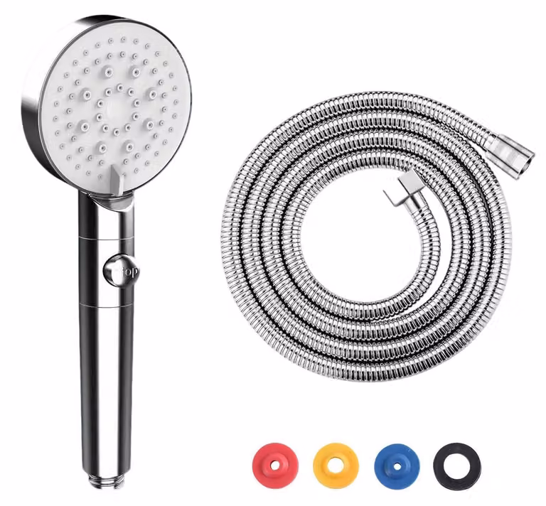 Doccia con tubo da 1,5 metri, soffione ad alta pressione, doccetta manuale con 5 modalità, funzione di interruzione del flusso, ugelli in silicone autopulenti, colore argento