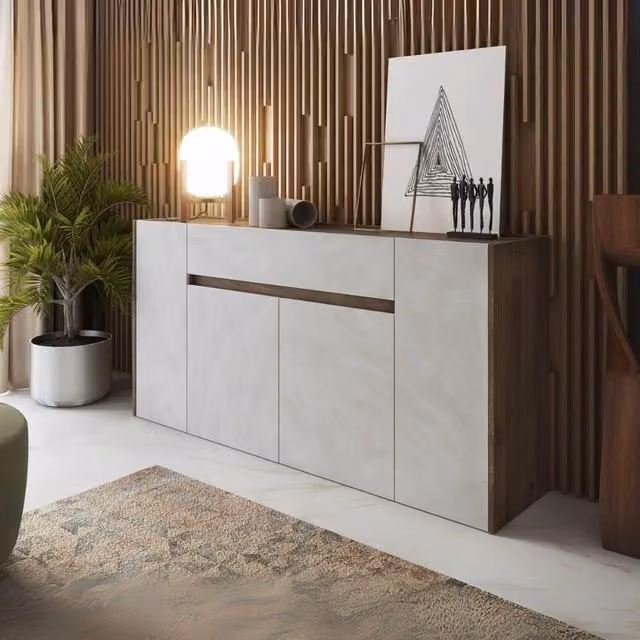 Madia Nordik 4 ante e 1 cassetto in noce e bianco spatolato 170x39.6x85H – Stile e funzionalità