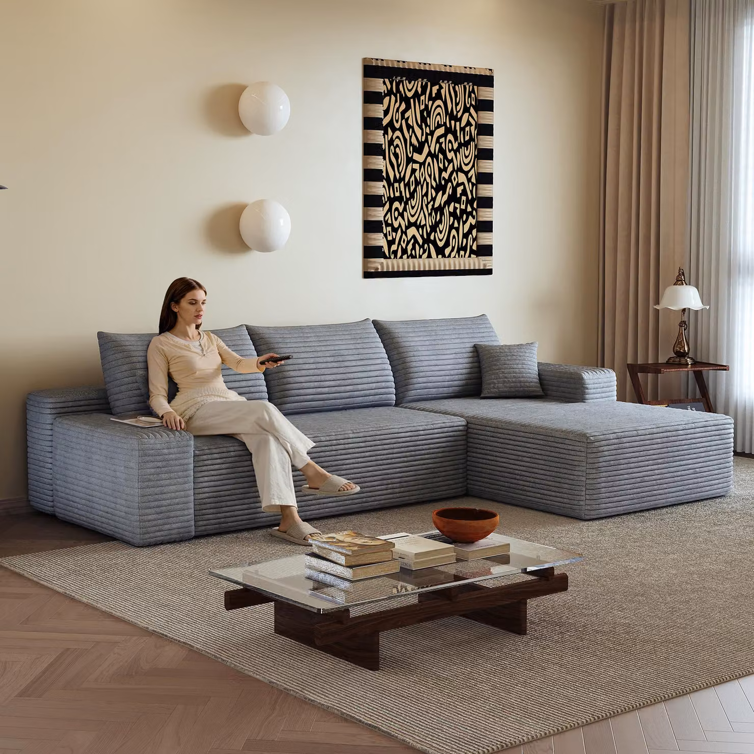 Divano angolare modulare senza braccioli, 270 cm, forma a L, seduta profonda, senza necessità di montaggio, divano compattabile (grigio)