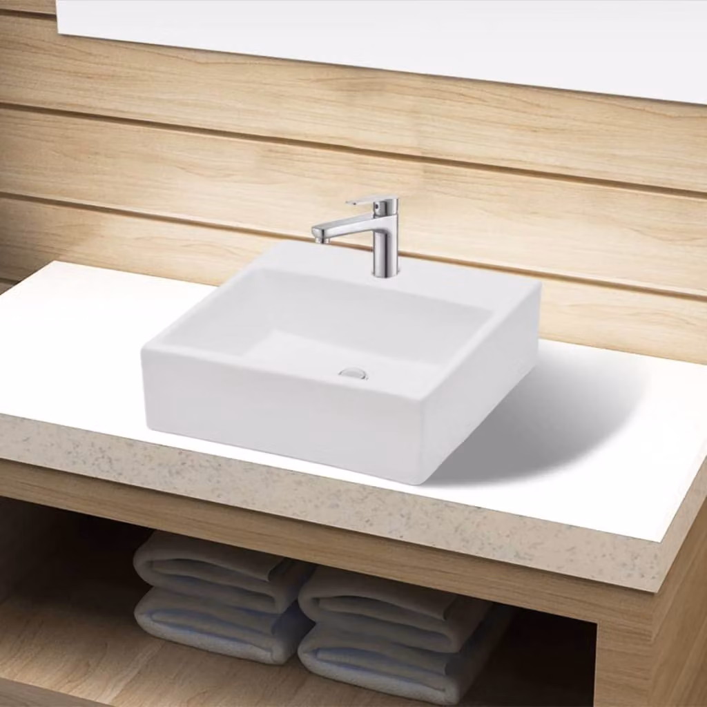 Lavabo in Vetroceramica con foro per rubinetto White Square