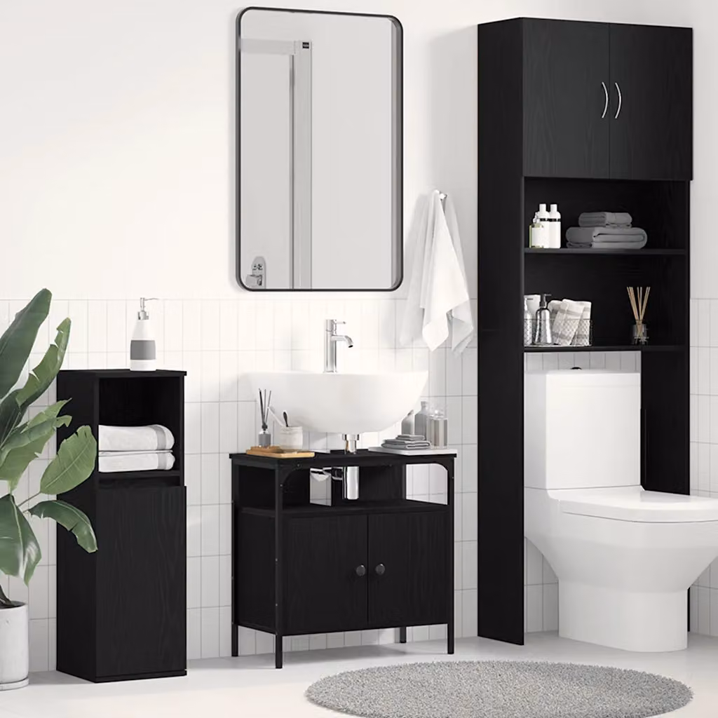 Mobile Lavabo da Bagno vidaXL in Rovere Nero e Metallo, Design Moderno con Ante a Battente e Ripiani Interni, L: 60 cm, P: 30 cm, H: 60 cm