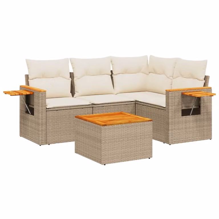 Set Divano da Giardino 5 pz con Cuscini Beige in Polyrattan