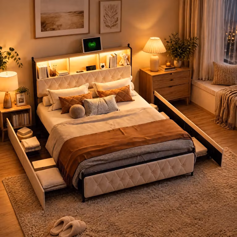 Letto imbottito INONEFT, modello contenitore, 140x200 cm, con luci LED e porte USB/Type-C, letto a due piazze per ragazzi con 4 cassetti, struttura del letto con rete a doghe, rivestito in velluto, colore beige
