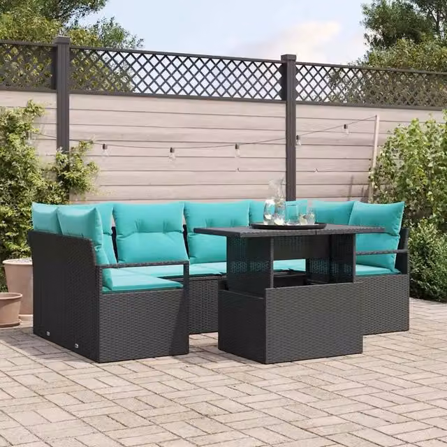 Set Divano da Giardino 7 pz 6-Numero di posti Nero e Blu 3348762