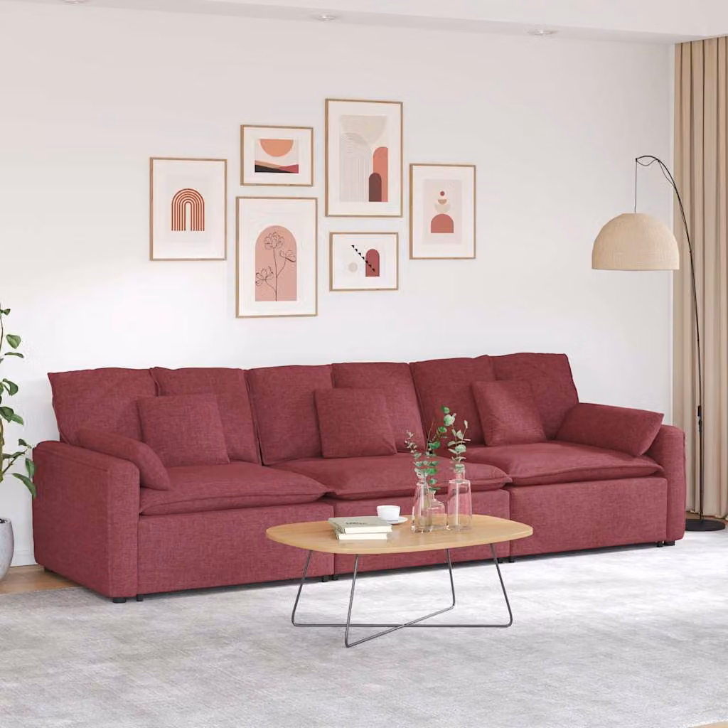 vidaXL Divano Modulare Moderno in Tessuto Rosso con Cuscini e Struttura in Metallo e Legno