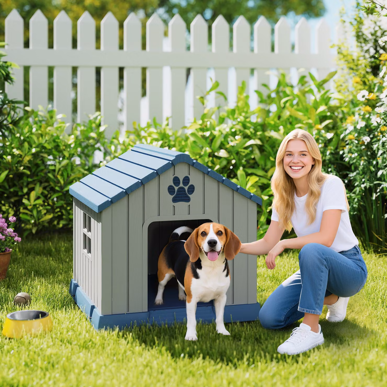 Casetta per cani PawHut da esterno per taglia media, impermeabile con base rialzata e finestre, Grigio, L: 85 cm, P: 79 cm, H: 82 cm – 2