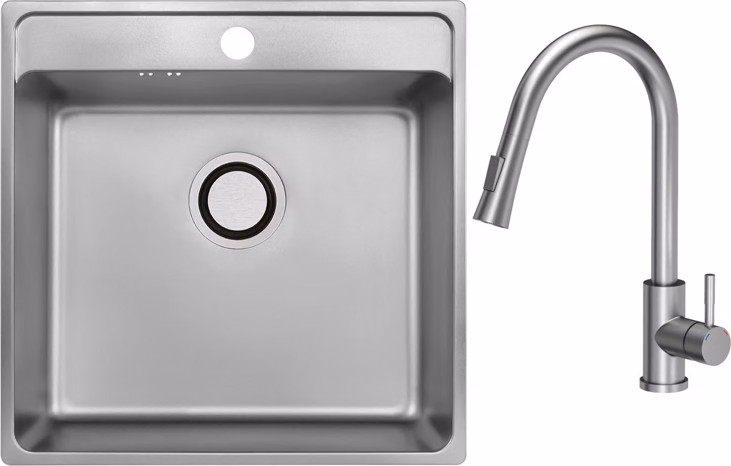 VBChome Lavello in acciaio inox con rubinetto 49x48x21 cm Inox Liscio Lavello da incasso in acciaio inox con foro per rubinetto Vasca grande Sifone Rubinetto Inox con bocca estraibile