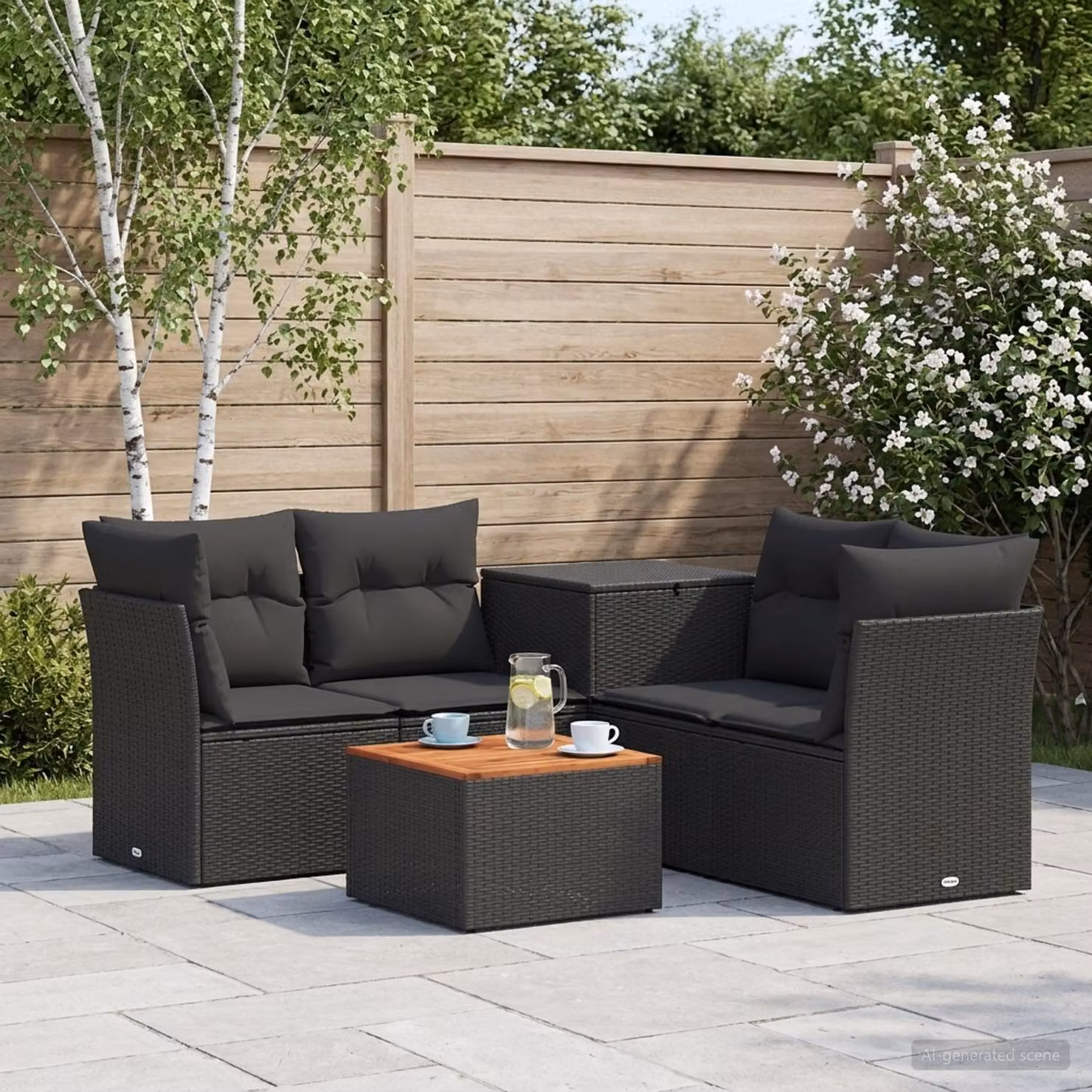 Set da giardino moderno vidaXL composto da 6 pezzi in polyrattan nero con struttura in metallo e cuscini inclusi