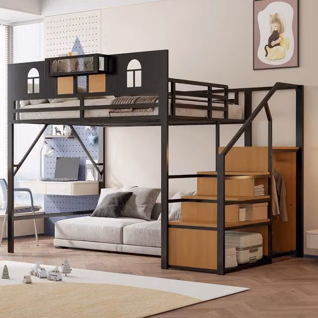 Letto a castello in metallo 140 x 200 cm con scala contenitore, finestra, pannelli in legno e rete, recinzione rialzata, struttura stabile, Nero