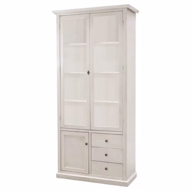 Vetrina in legno di pino stile shabby chic bianco anticato con 3 ante in vetro e 3 cassetti Mobili 2G L/P/H: 90 x 41 x 186 cm
